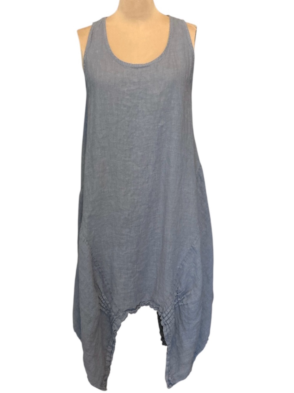 Light Blue Sleeveless Linen Tunic Dress with Handkerchief Hem & Pintucks